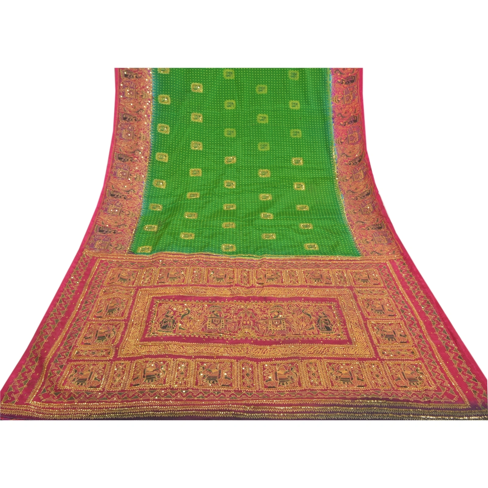 Sanskriti Vintage Green Sarees Art Silk Hand Beaded Premium Sari Craft Fabric, PS-58588-Green &amp; Pink-Sequins Work-Art (Artificial) Silk-8