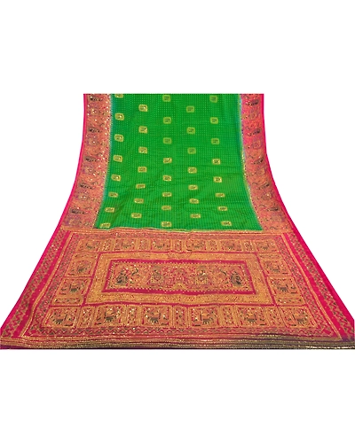 Sanskriti Vintage Green Sarees Art Silk Hand Beaded Premium Sari Craft Fabric, PS-58588-Green &amp; Pink-Sequins Work-Art (Artificial) Silk-8