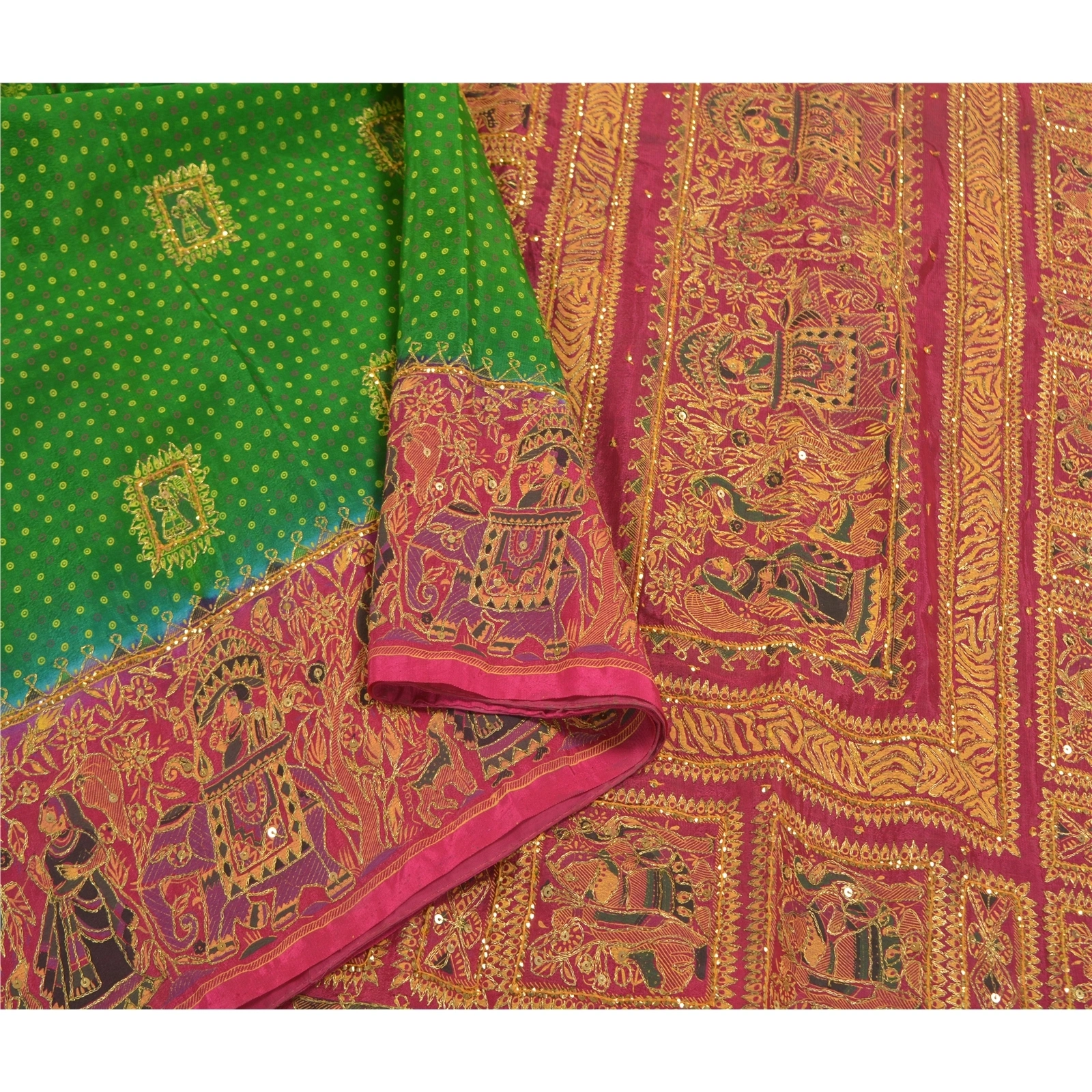 Sanskriti Vintage Green Sarees Art Silk Hand Beaded Premium Sari Craft Fabric, PS-58588-Green &amp; Pink-Sequins Work-Art (Artificial) Silk-9