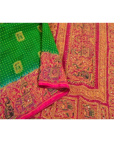 Sanskriti Vintage Green Sarees Art Silk Hand Beaded Premium Sari Craft Fabric, PS-58588-Green &amp; Pink-Sequins Work-Art (Artificial) Silk-9