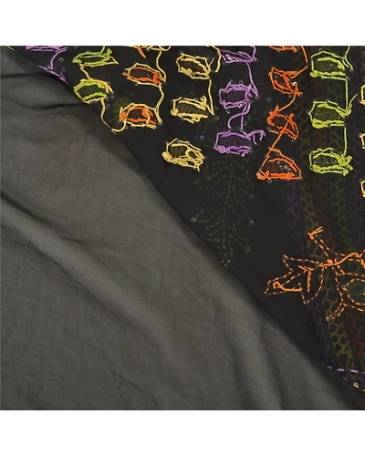 Sanskriti Vintage Black Sarees Georgette Hand Beaded Kantha Premium Sari Fabric, PS-58600-Black-Sequins Work-Georgette (Not Pure Georgette)-2