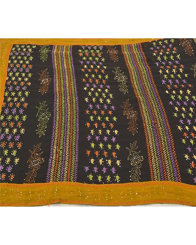 Sanskriti Vintage Black Sarees Georgette Hand Beaded Kantha Premium Sari Fabric, PS-58600-Black-Sequins Work-Georgette (Not Pure Georgette)-3