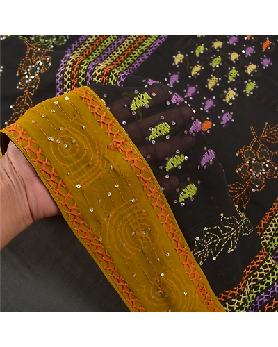 Sanskriti Vintage Black Sarees Georgette Hand Beaded Kantha Premium Sari Fabric, PS-58600-Black-Sequins Work-Georgette (Not Pure Georgette)-4