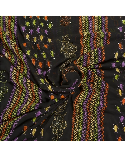 Sanskriti Vintage Black Sarees Georgette Hand Beaded Kantha Premium Sari Fabric, PS-58600-Black-Sequins Work-Georgette (Not Pure Georgette)-6