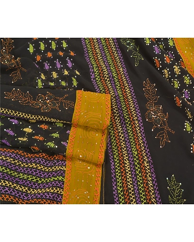 Sanskriti Vintage Black Sarees Georgette Hand Beaded Kantha Premium Sari Fabric, PS-58600-Black-Sequins Work-Georgette (Not Pure Georgette)-7