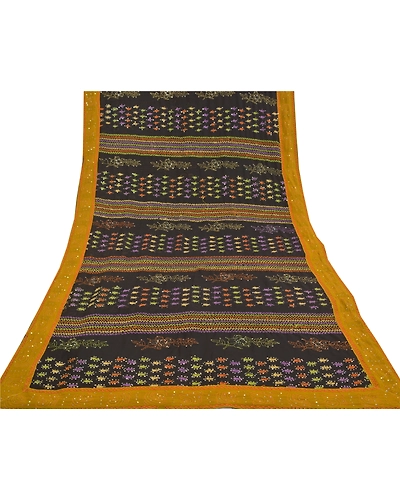 Sanskriti Vintage Black Sarees Georgette Hand Beaded Kantha Premium Sari Fabric, PS-58600-Black-Sequins Work-Georgette (Not Pure Georgette)-8