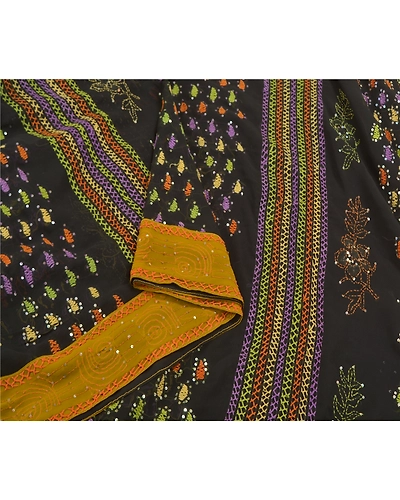 Sanskriti Vintage Black Sarees Georgette Hand Beaded Kantha Premium Sari Fabric, PS-58600-Black-Sequins Work-Georgette (Not Pure Georgette)-9