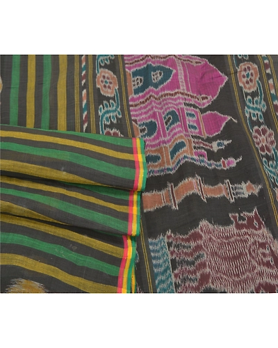 Sanskriti Vintage Sambalpuri Ikat Ooak Sarees Handwoven Pure Cotton Sari Fabric, PS-58604-Multi Color-Woven Work-100% Pure Cotton-7