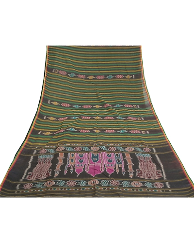 Sanskriti Vintage Sambalpuri Ikat Ooak Sarees Handwoven Pure Cotton Sari Fabric, PS-58604-Multi Color-Woven Work-100% Pure Cotton-8