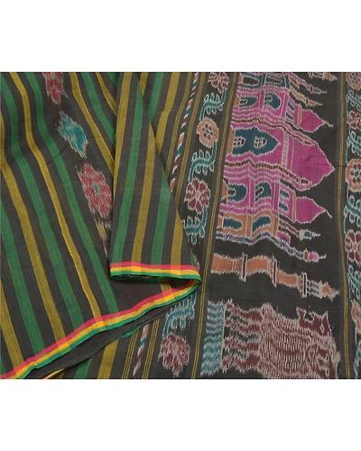 Sanskriti Vintage Sambalpuri Ikat Ooak Sarees Handwoven Pure Cotton Sari Fabric, PS-58604-Multi Color-Woven Work-100% Pure Cotton-9