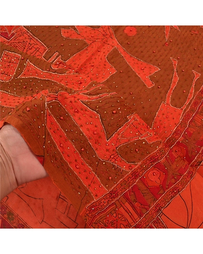 Sanskriti Vintage Rusty Orange Sarees Pure Silk Hand Beaded Premium Sari Fabric, PS-58614-Shade Of Rusty Orange-Zari Work-100% Pure Silk-4