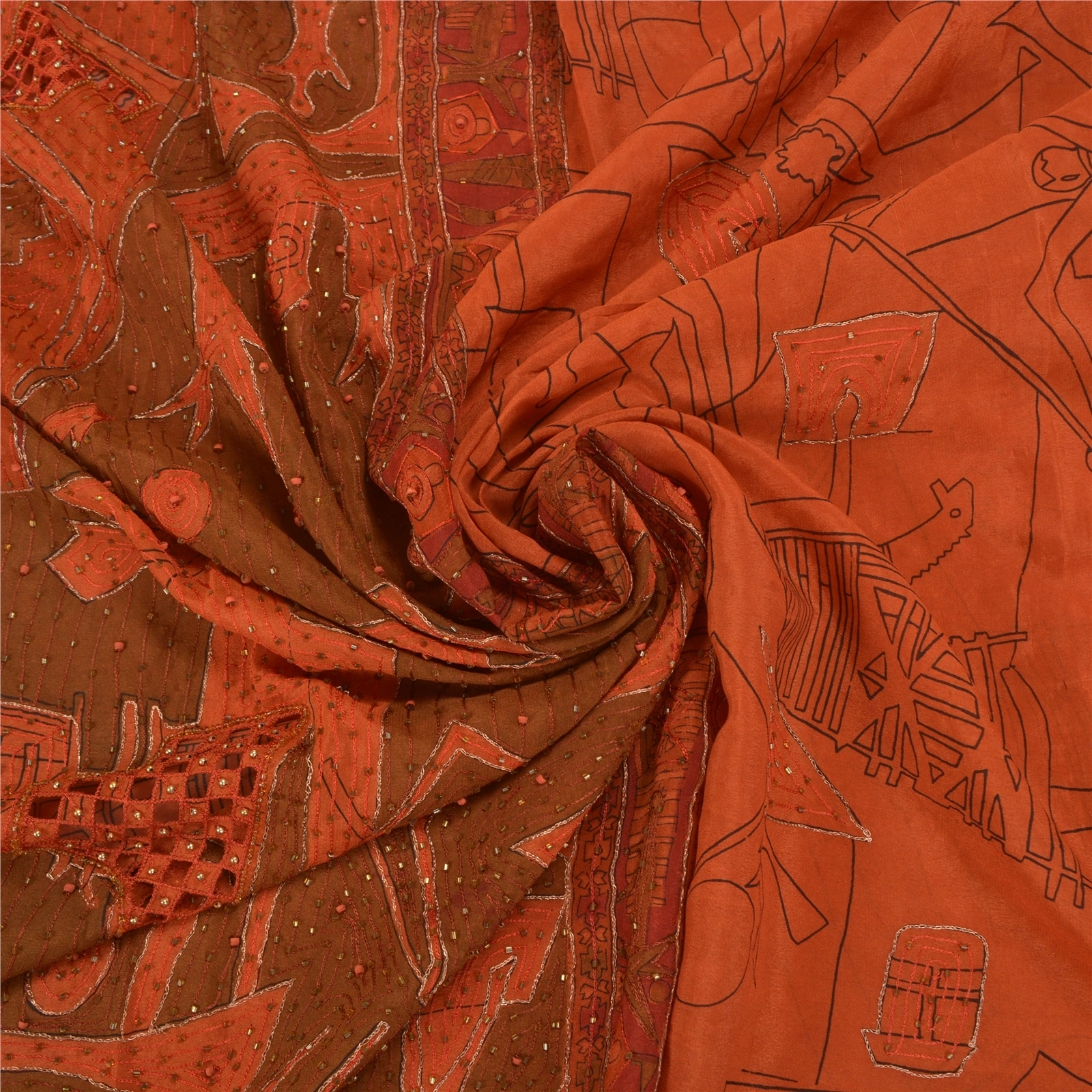 Sanskriti Vintage Rusty Orange Sarees Pure Silk Hand Beaded Premium Sari Fabric, PS-58614-Shade Of Rusty Orange-Zari Work-100% Pure Silk-6