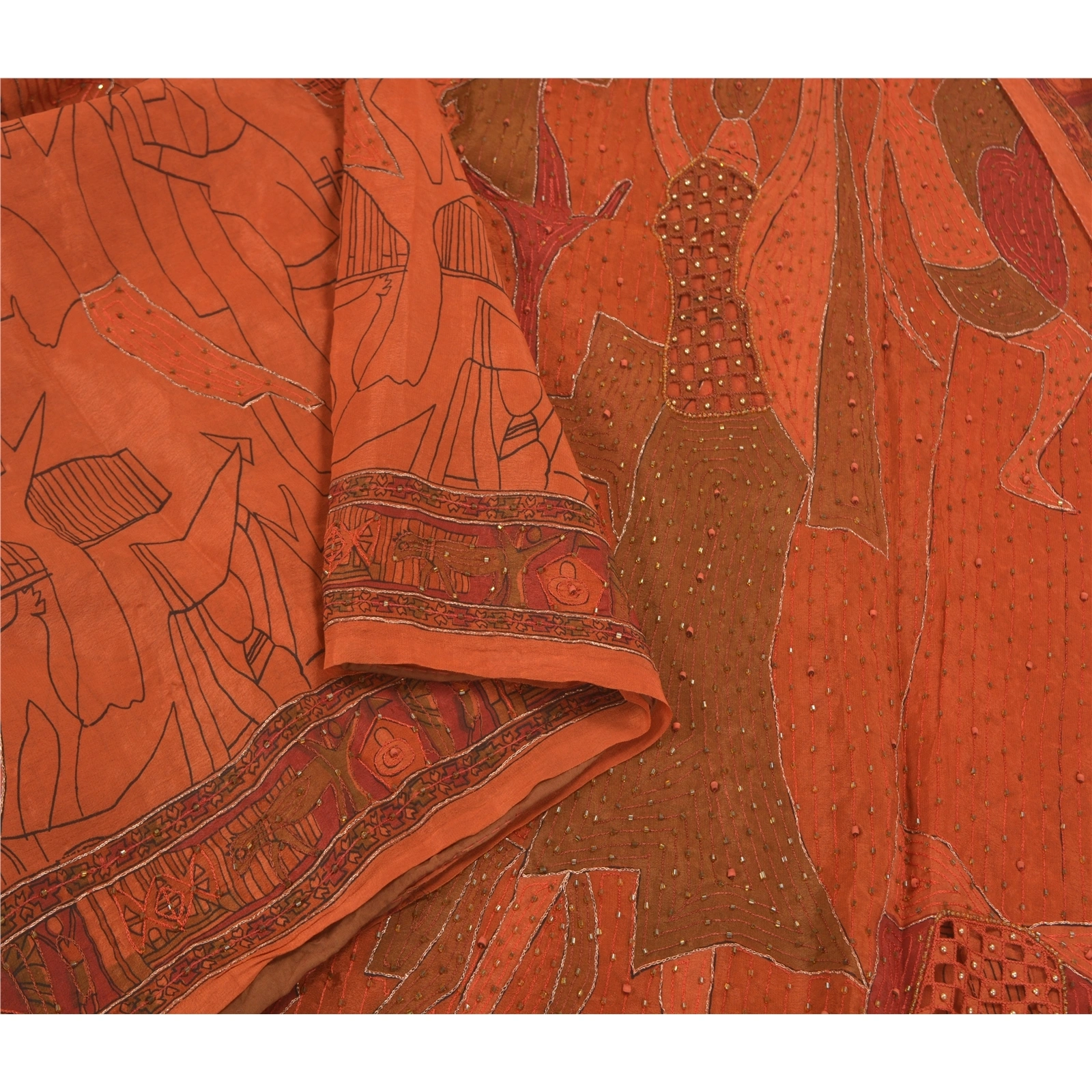 Sanskriti Vintage Rusty Orange Sarees Pure Silk Hand Beaded Premium Sari Fabric, PS-58614-Shade Of Rusty Orange-Zari Work-100% Pure Silk-9