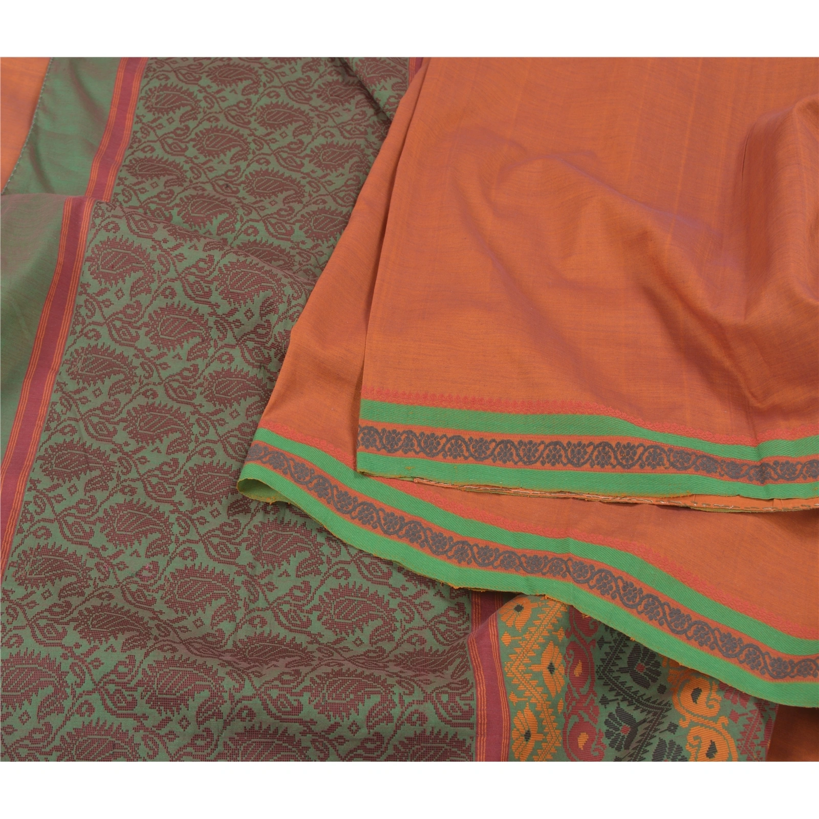 Sanskriti Vintage Rusty Orange Sarees Blend Silk Woven Premium Sari Craft Fabric, PS-58617-Green &amp; Shade Of Rusty Orange-Zari Work-100% Pure Silk-2