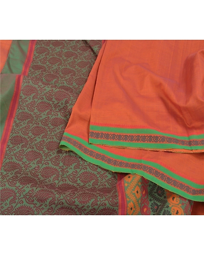 Sanskriti Vintage Rusty Orange Sarees Blend Silk Woven Premium Sari Craft Fabric, PS-58617-Green &amp; Shade Of Rusty Orange-Zari Work-100% Pure Silk-2