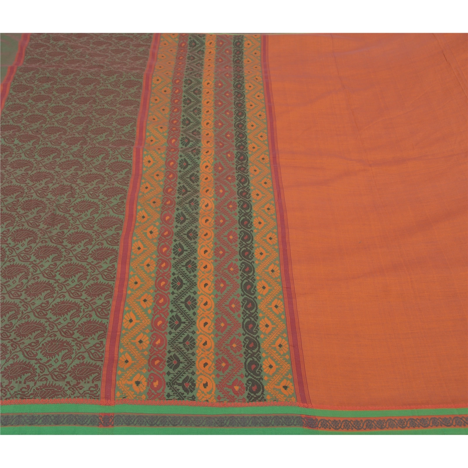 Sanskriti Vintage Rusty Orange Sarees Blend Silk Woven Premium Sari Craft Fabric, PS-58617-Green &amp; Shade Of Rusty Orange-Zari Work-100% Pure Silk-4