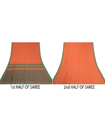 Sanskriti Vintage Rusty Orange Sarees Blend Silk Woven Premium Sari Craft Fabric, PS-58617-Green &amp; Shade Of Rusty Orange-Zari Work-100% Pure Silk-6