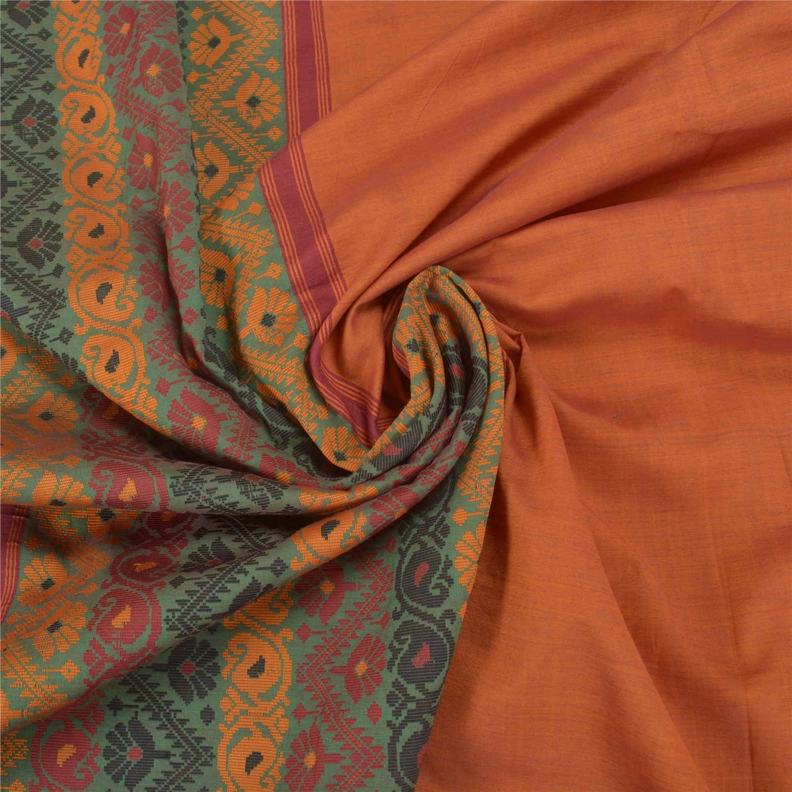 Sanskriti Vintage Rusty Orange Sarees Blend Silk Woven Premium Sari Craft Fabric, PS-58617-Green &amp; Shade Of Rusty Orange-Zari Work-100% Pure Silk-7