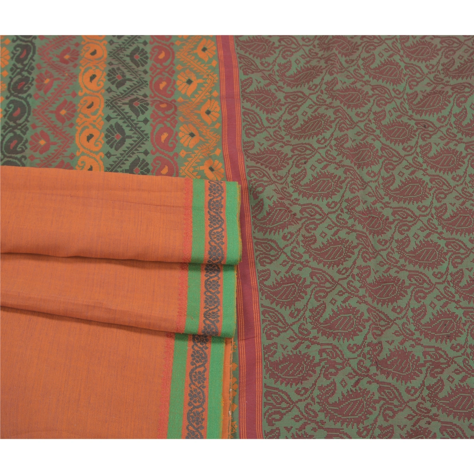 Sanskriti Vintage Rusty Orange Sarees Blend Silk Woven Premium Sari Craft Fabric, PS-58617-Green &amp; Shade Of Rusty Orange-Zari Work-100% Pure Silk-8