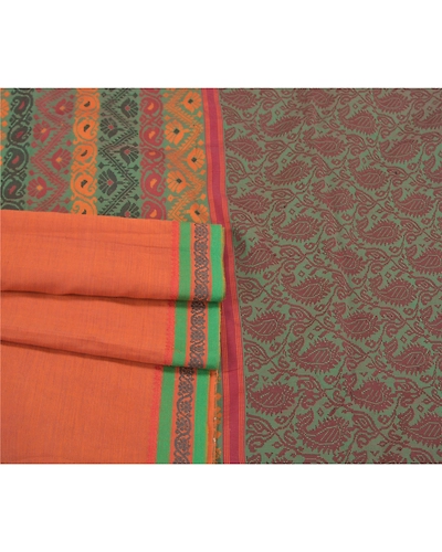 Sanskriti Vintage Rusty Orange Sarees Blend Silk Woven Premium Sari Craft Fabric, PS-58617-Green &amp; Shade Of Rusty Orange-Zari Work-100% Pure Silk-8
