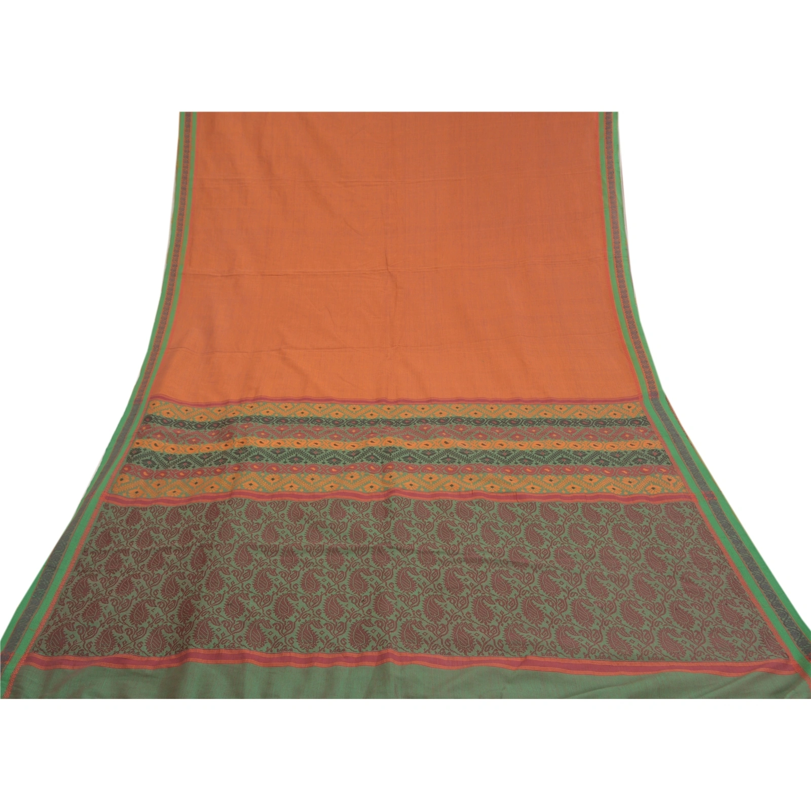 Sanskriti Vintage Rusty Orange Sarees Blend Silk Woven Premium Sari Craft Fabric, PS-58617-Green &amp; Shade Of Rusty Orange-Zari Work-100% Pure Silk-9