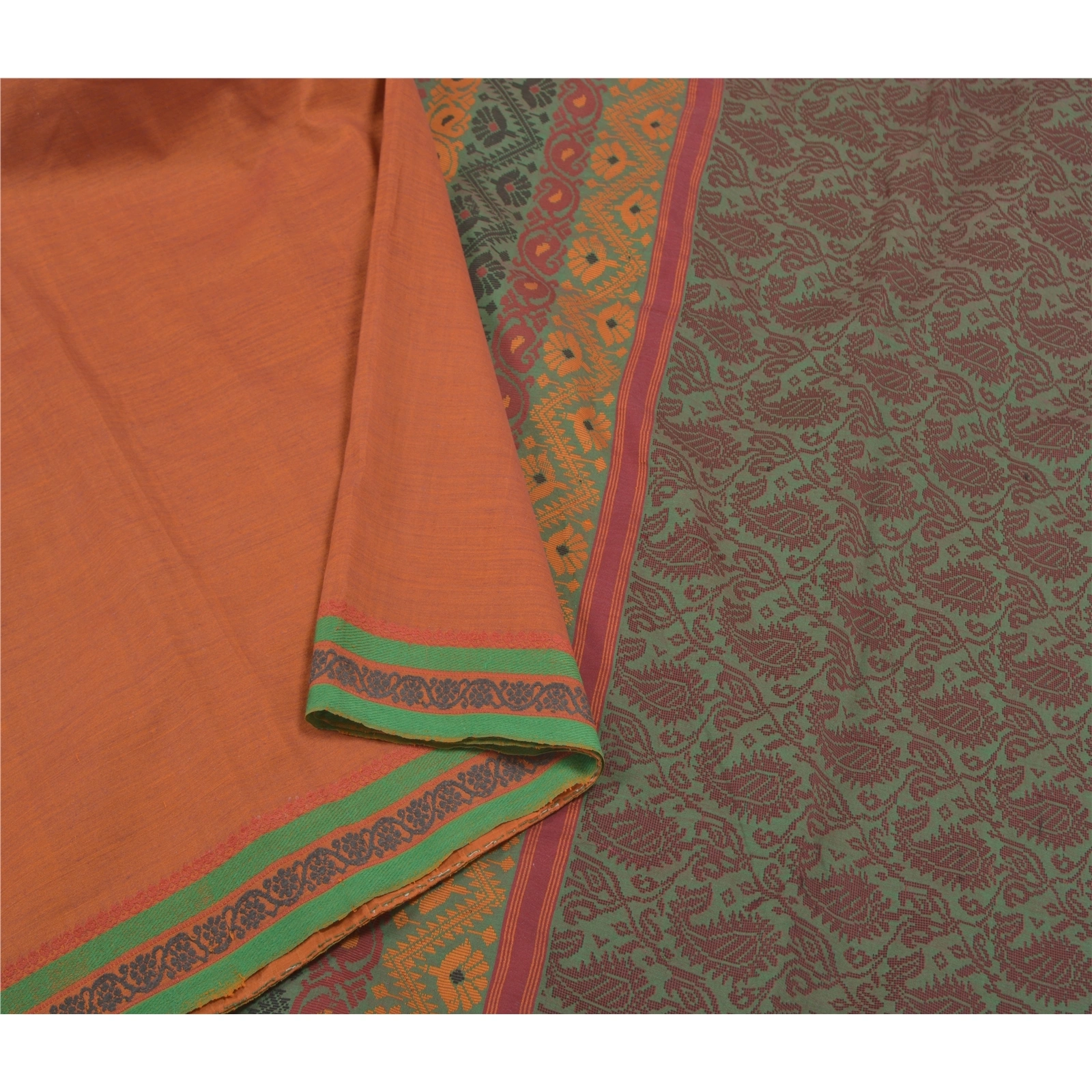 Sanskriti Vintage Rusty Orange Sarees Blend Silk Woven Premium Sari Craft Fabric, PS-58617-Green &amp; Shade Of Rusty Orange-Zari Work-100% Pure Silk-10