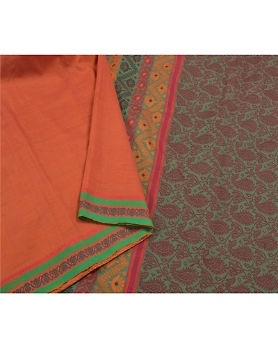 Sanskriti Vintage Rusty Orange Sarees Blend Silk Woven Premium Sari Craft Fabric, PS-58617-Green &amp; Shade Of Rusty Orange-Zari Work-100% Pure Silk-10
