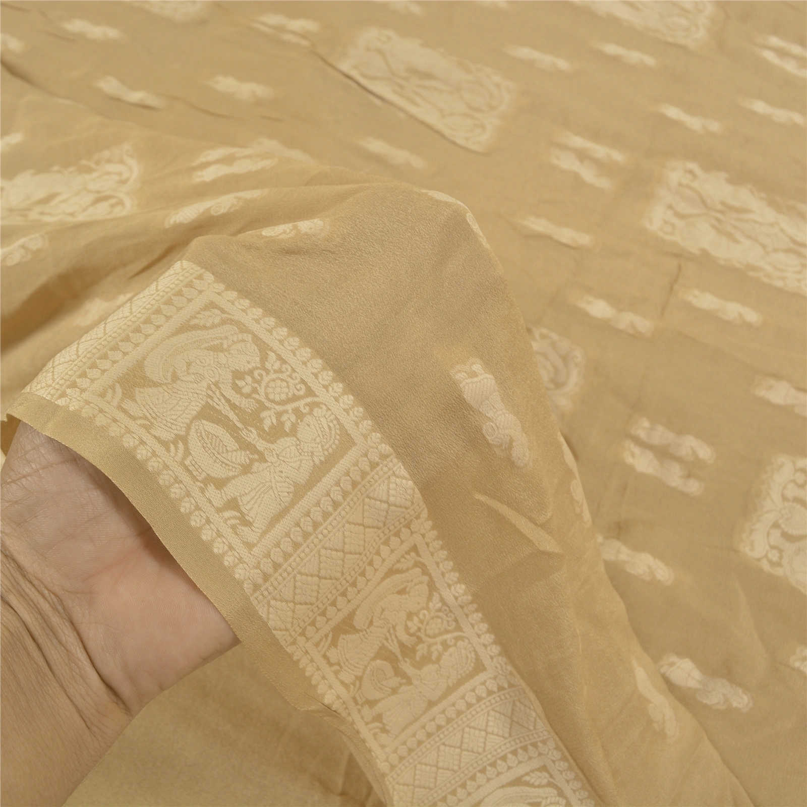 Sanskriti Vintage Beige Sarees 100% Pure Silk Handwoven Baluchari Sari Fabric, PS-58626-Shade Of Beige-Hand Woven Work-100% Pure Silk-4