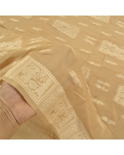 Sanskriti Vintage Beige Sarees 100% Pure Silk Handwoven Baluchari Sari Fabric, PS-58626-Shade Of Beige-Hand Woven Work-100% Pure Silk-4