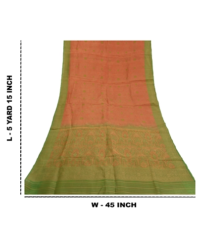 Sanskriti Vintage Rusty Orange Indian Sarees Pure Silk Handwoven Sari Fabric, PS-58630-Rusty Orange &amp; Green-Hand Woven Work-100% Pure Silk-1