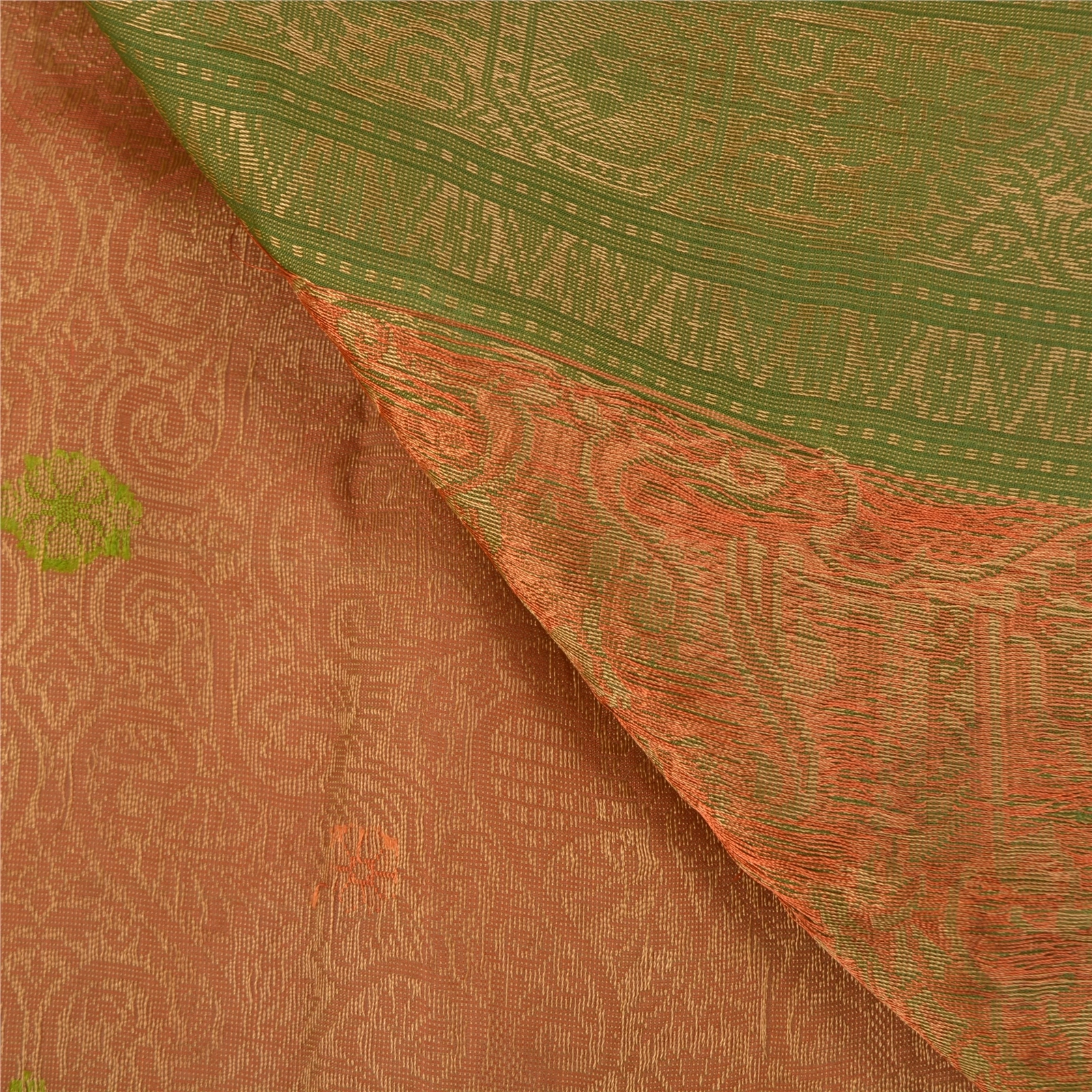 Sanskriti Vintage Rusty Orange Indian Sarees Pure Silk Handwoven Sari Fabric, PS-58630-Rusty Orange &amp; Green-Hand Woven Work-100% Pure Silk-2