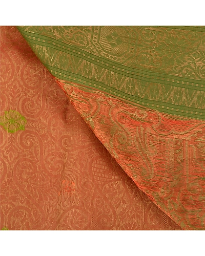 Sanskriti Vintage Rusty Orange Indian Sarees Pure Silk Handwoven Sari Fabric, PS-58630-Rusty Orange &amp; Green-Hand Woven Work-100% Pure Silk-2