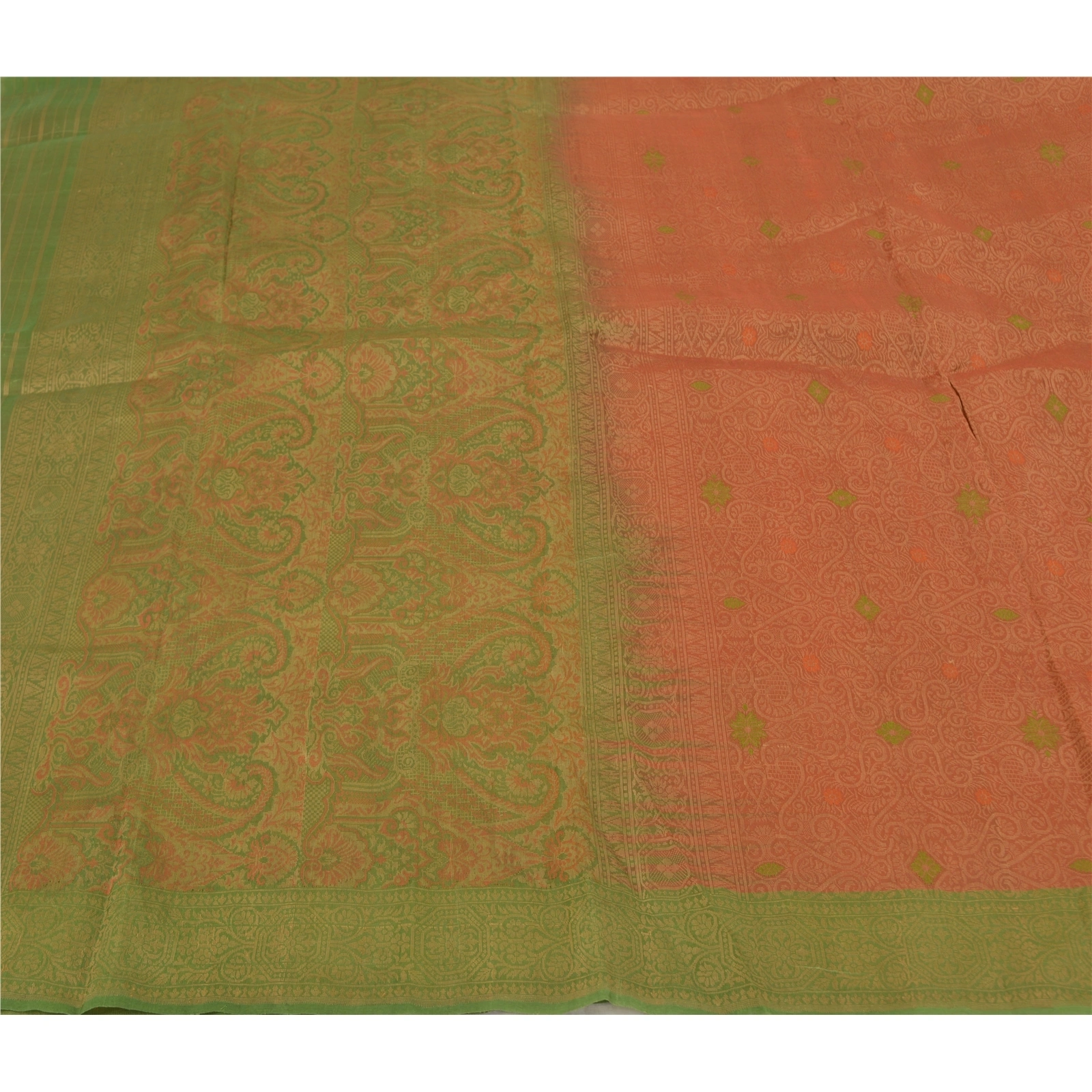 Sanskriti Vintage Rusty Orange Indian Sarees Pure Silk Handwoven Sari Fabric, PS-58630-Rusty Orange &amp; Green-Hand Woven Work-100% Pure Silk-3