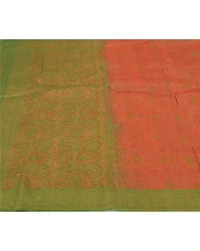 Sanskriti Vintage Rusty Orange Indian Sarees Pure Silk Handwoven Sari Fabric, PS-58630-Rusty Orange &amp; Green-Hand Woven Work-100% Pure Silk-3