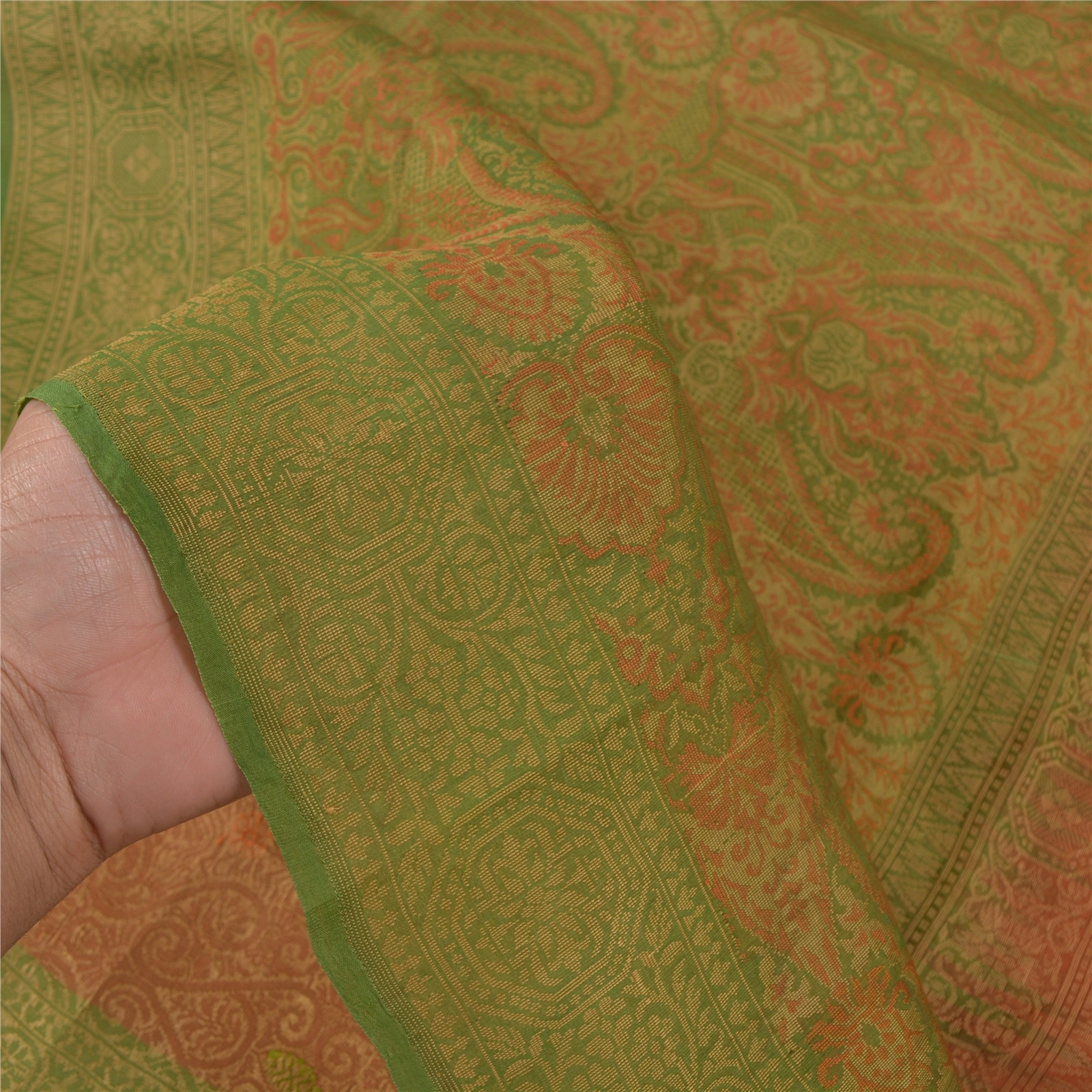 Sanskriti Vintage Rusty Orange Indian Sarees Pure Silk Handwoven Sari Fabric, PS-58630-Rusty Orange &amp; Green-Hand Woven Work-100% Pure Silk-4