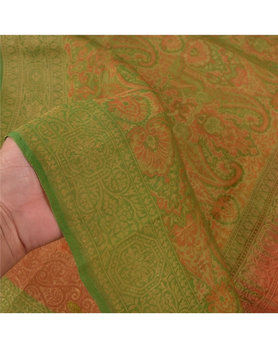 Sanskriti Vintage Rusty Orange Indian Sarees Pure Silk Handwoven Sari Fabric, PS-58630-Rusty Orange &amp; Green-Hand Woven Work-100% Pure Silk-4