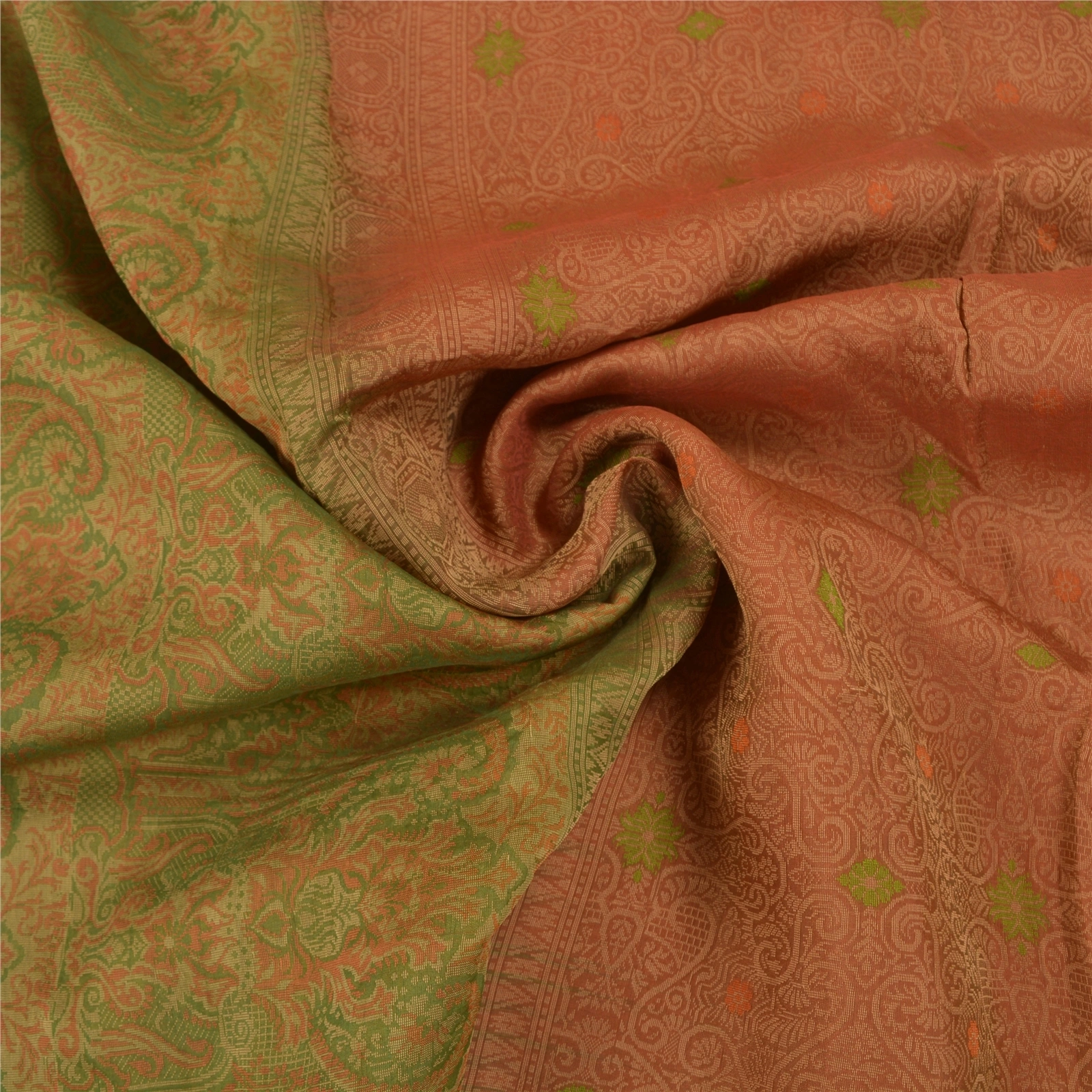 Sanskriti Vintage Rusty Orange Indian Sarees Pure Silk Handwoven Sari Fabric, PS-58630-Rusty Orange &amp; Green-Hand Woven Work-100% Pure Silk-6