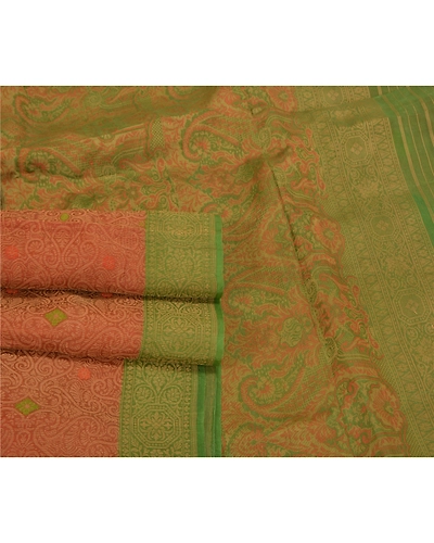 Sanskriti Vintage Rusty Orange Indian Sarees Pure Silk Handwoven Sari Fabric, PS-58630-Rusty Orange &amp; Green-Hand Woven Work-100% Pure Silk-7