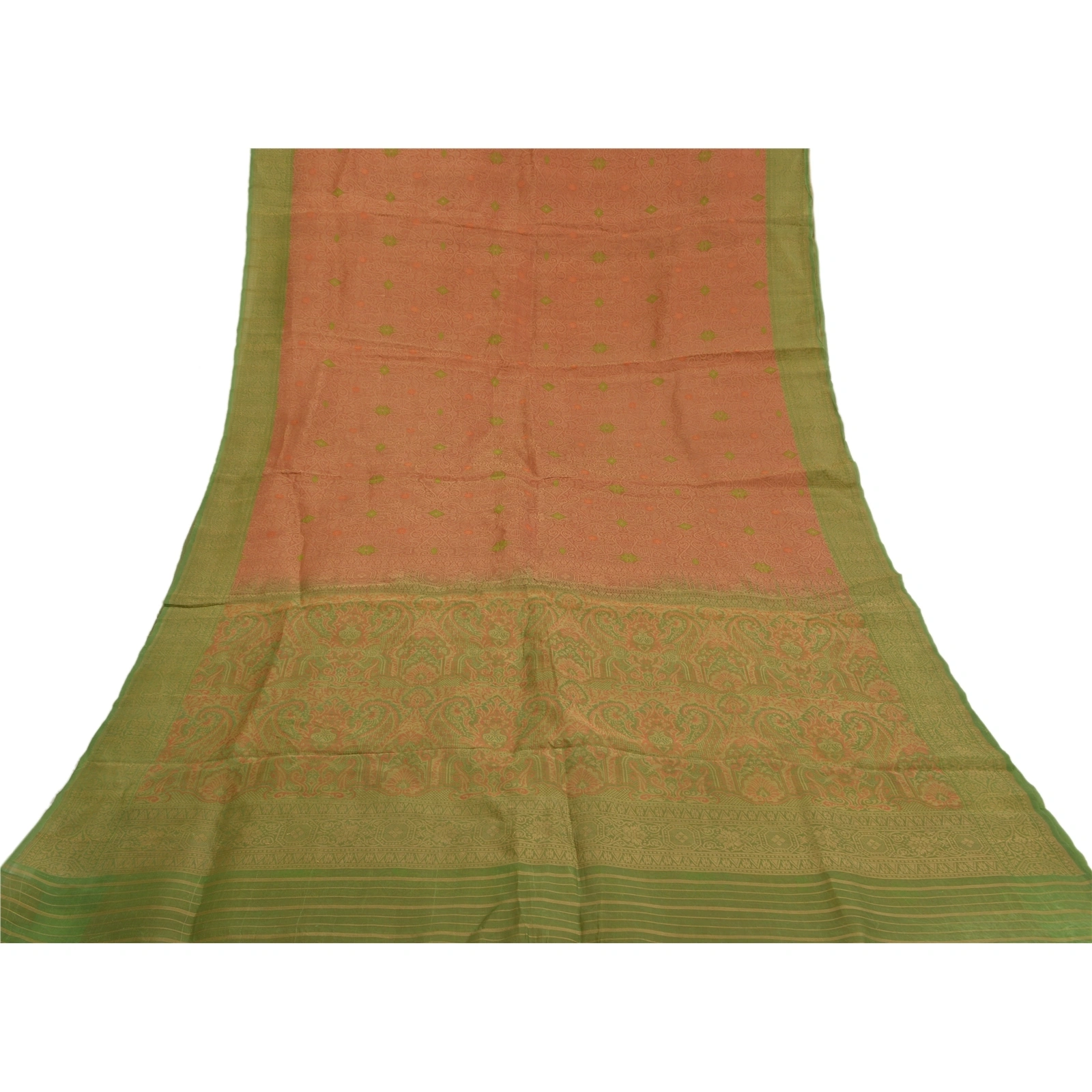 Sanskriti Vintage Rusty Orange Indian Sarees Pure Silk Handwoven Sari Fabric, PS-58630-Rusty Orange &amp; Green-Hand Woven Work-100% Pure Silk-8