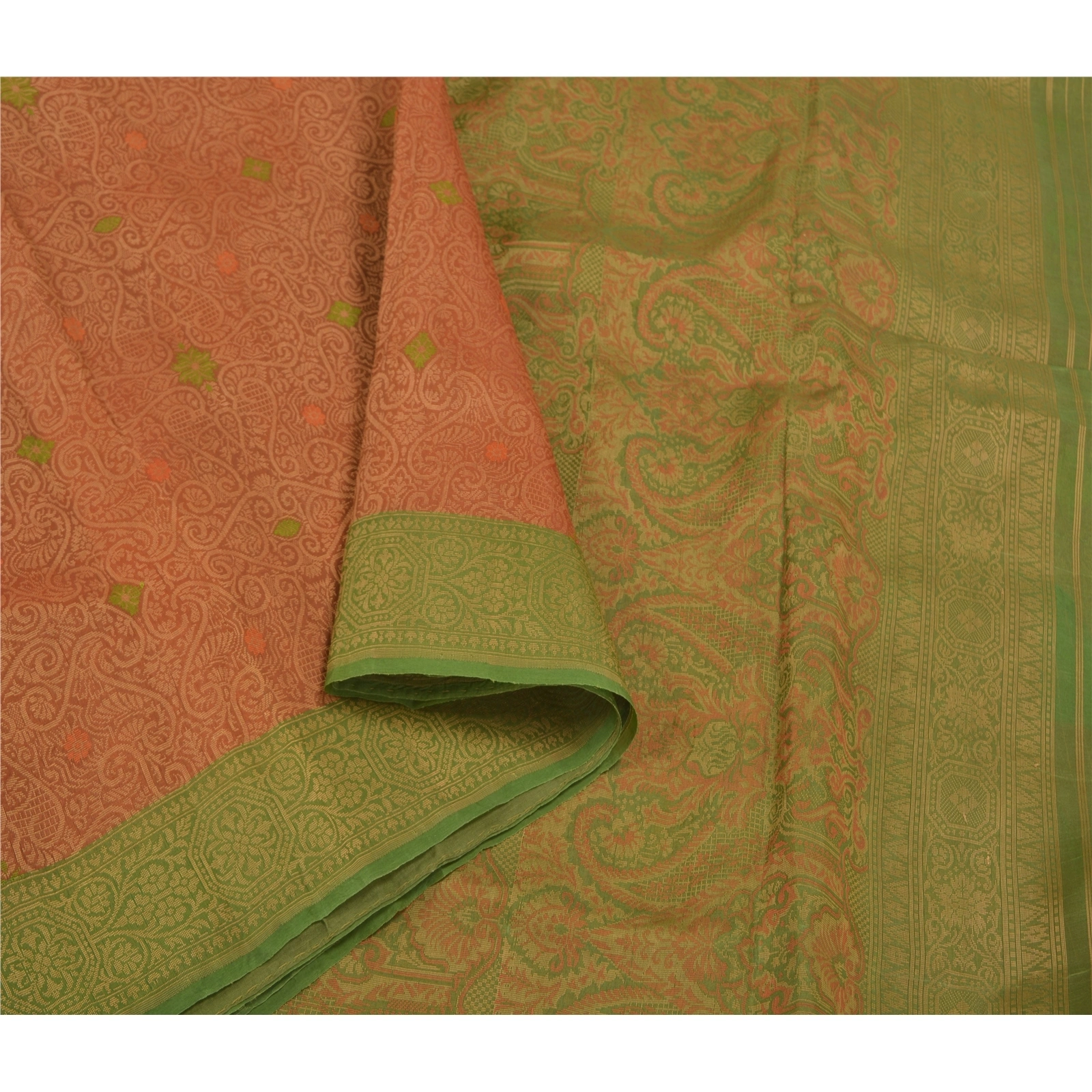 Sanskriti Vintage Rusty Orange Indian Sarees Pure Silk Handwoven Sari Fabric, PS-58630-Rusty Orange &amp; Green-Hand Woven Work-100% Pure Silk-9