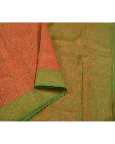 Sanskriti Vintage Rusty Orange Indian Sarees Pure Silk Handwoven Sari Fabric, PS-58630-Rusty Orange &amp; Green-Hand Woven Work-100% Pure Silk-9