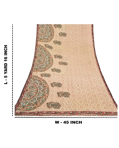 Sanskriti Vintage Ivory Sarees 100% Pure Cotton Kalamkari Premium Sari Fabric, PS-58636-Ivory-Handmade Kalamkari Work-100% Pure Cotton-1