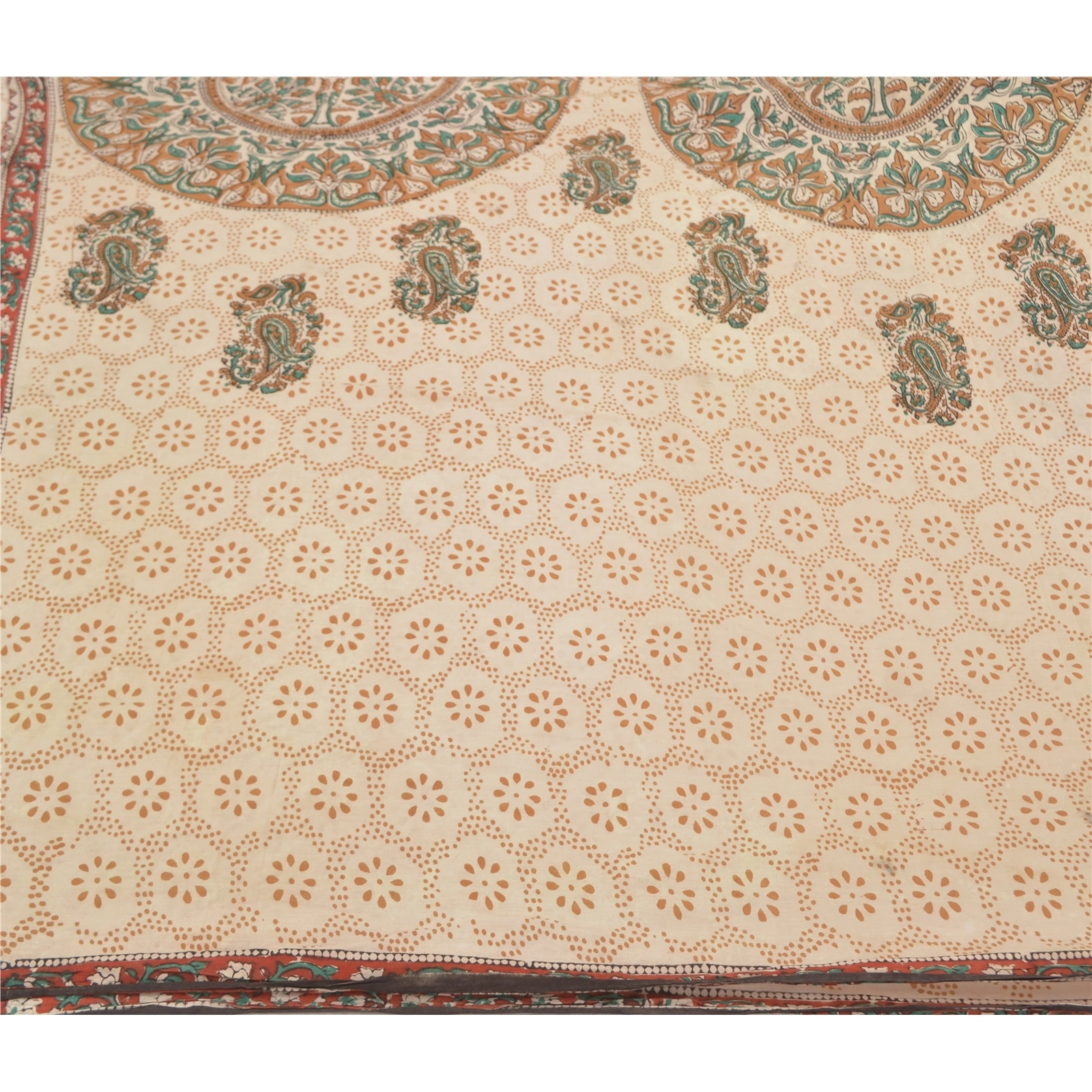 Sanskriti Vintage Ivory Sarees 100% Pure Cotton Kalamkari Premium Sari Fabric, PS-58636-Ivory-Handmade Kalamkari Work-100% Pure Cotton-3