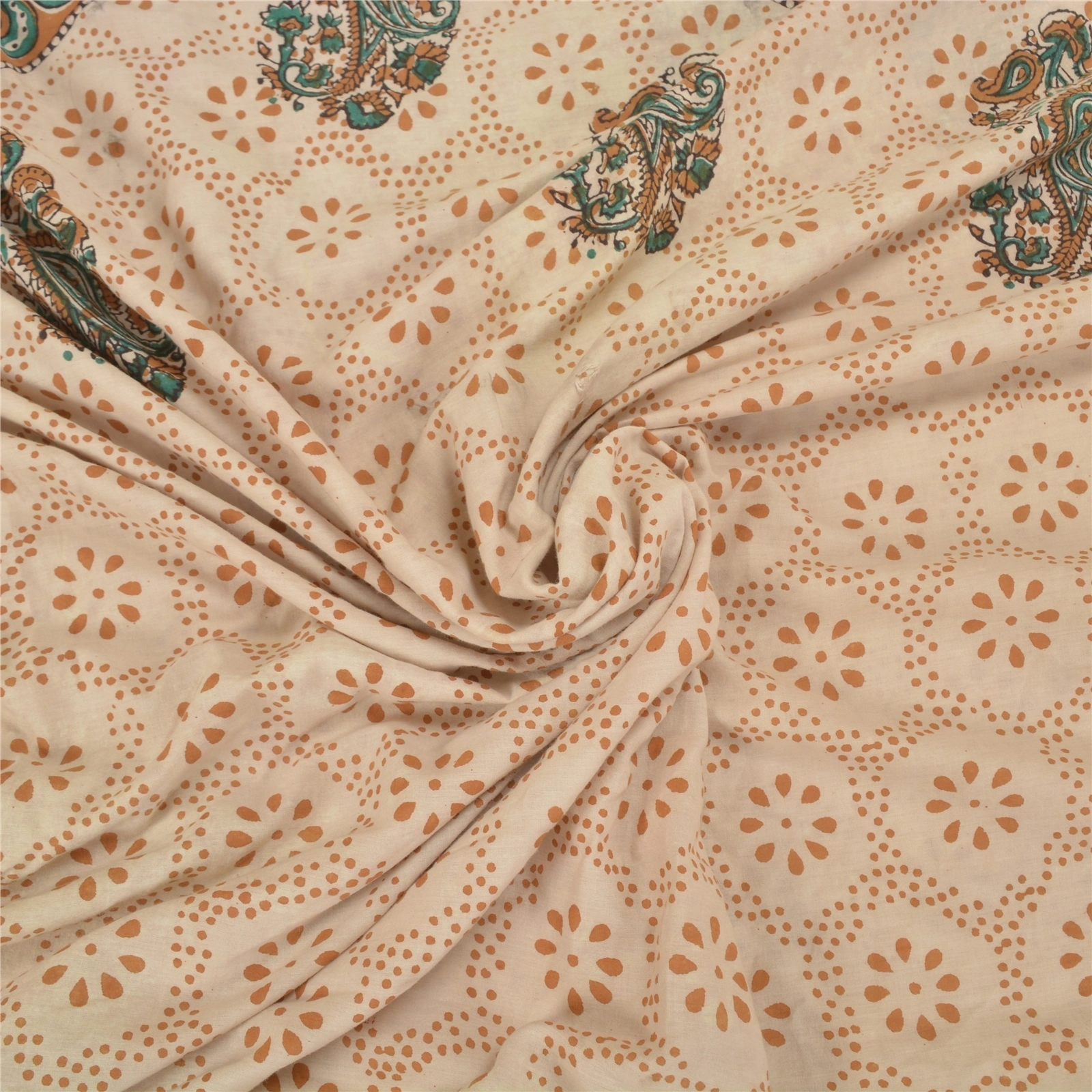 Sanskriti Vintage Ivory Sarees 100% Pure Cotton Kalamkari Premium Sari Fabric, PS-58636-Ivory-Handmade Kalamkari Work-100% Pure Cotton-6