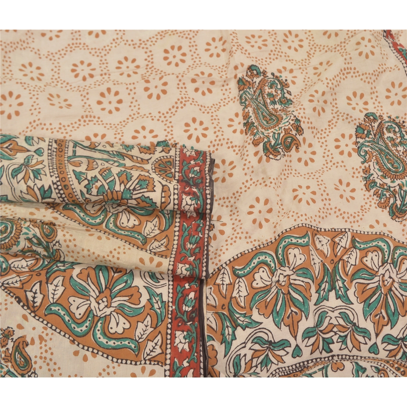 Sanskriti Vintage Ivory Sarees 100% Pure Cotton Kalamkari Premium Sari Fabric, PS-58636-Ivory-Handmade Kalamkari Work-100% Pure Cotton-7