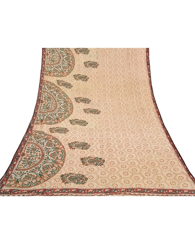 Sanskriti Vintage Ivory Sarees 100% Pure Cotton Kalamkari Premium Sari Fabric, PS-58636-Ivory-Handmade Kalamkari Work-100% Pure Cotton-8