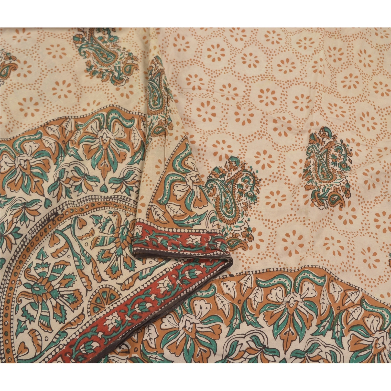 Sanskriti Vintage Ivory Sarees 100% Pure Cotton Kalamkari Premium Sari Fabric, PS-58636-Ivory-Handmade Kalamkari Work-100% Pure Cotton-9