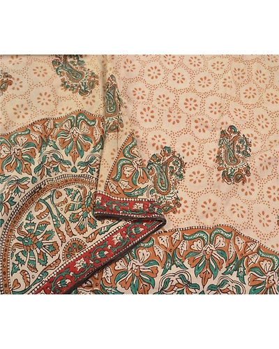 Sanskriti Vintage Ivory Sarees 100% Pure Cotton Kalamkari Premium Sari Fabric, PS-58636-Ivory-Handmade Kalamkari Work-100% Pure Cotton-9