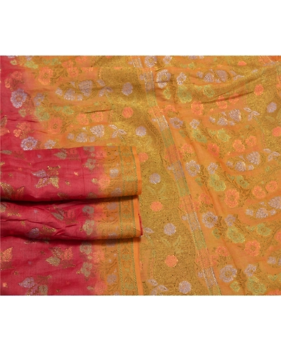 Sanskriti Vintage Dark Red Sarees 100% Pure Silk Woven Sari 5 Yard Craft Fabric, PS-58640-Dark Red &amp; Yellow-Woven Work-100% Pure Silk-7