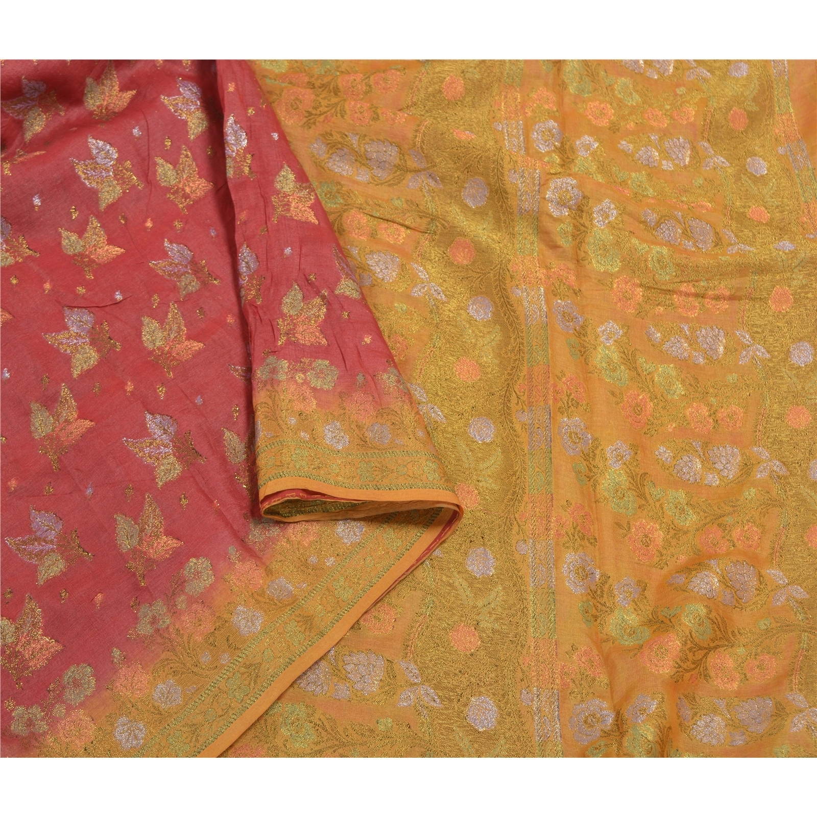 Sanskriti Vintage Dark Red Sarees 100% Pure Silk Woven Sari 5 Yard Craft Fabric, PS-58640-Dark Red &amp; Yellow-Woven Work-100% Pure Silk-9